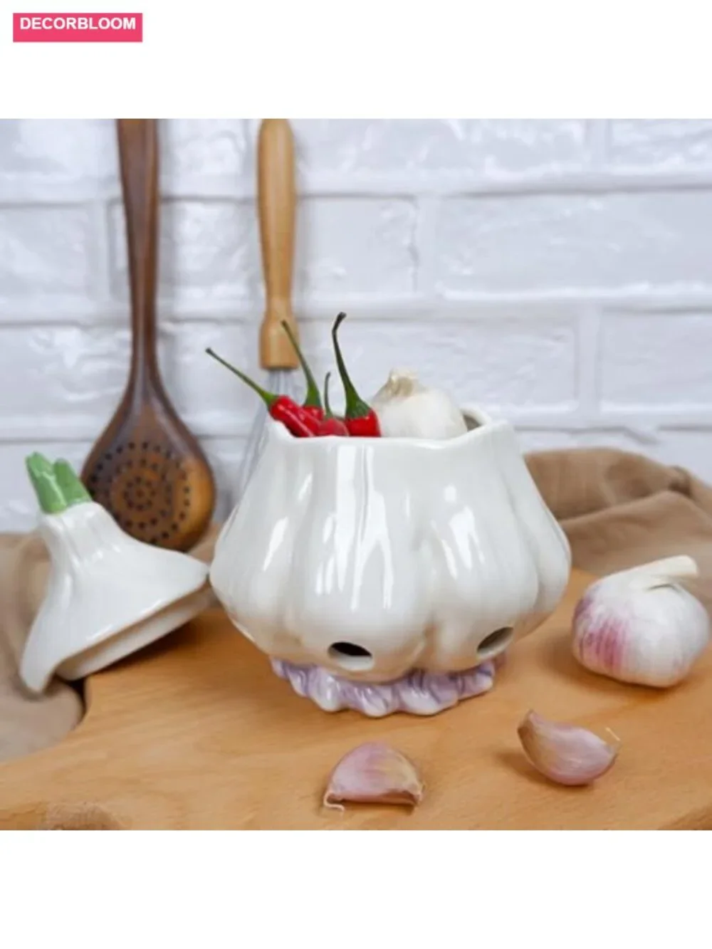 Large Ceramic Garlic Keeper with Lid - Breathable Storage Container for Kitchen